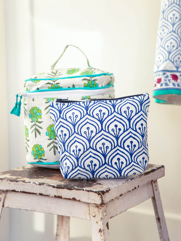 Set of 2 - Megha Block Printed Vanity Case and Travel Pouch - Pinklay