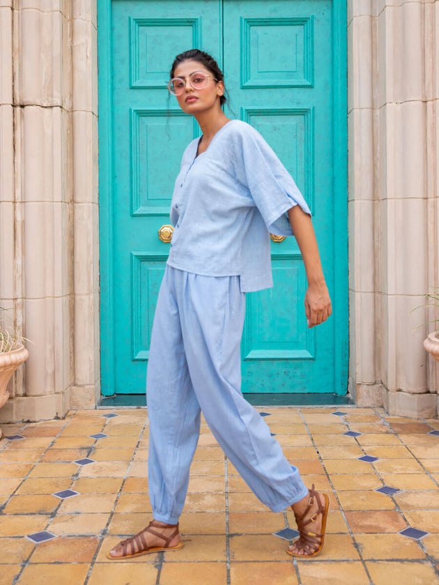 Evening Sky Cotton Slub Short Top & Lantern Pants Set - Pinklay