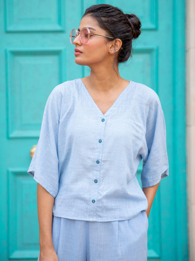 Evening Sky Cotton Slub Short Top & Lantern Pants Set - Pinklay
