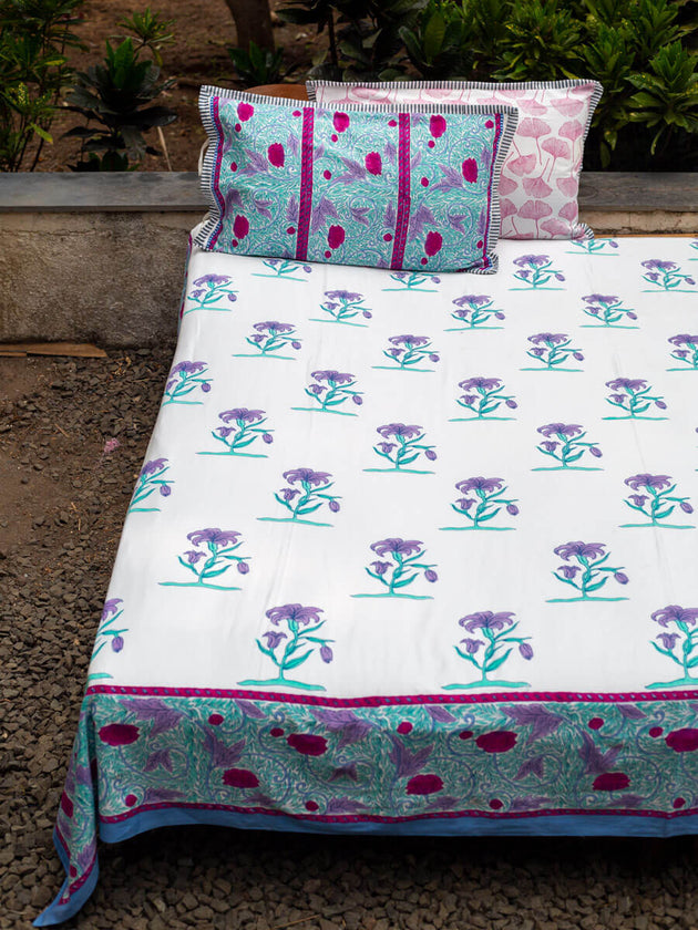 Song of Lilies Block Printed Cotton Bedsheet - Pinklay