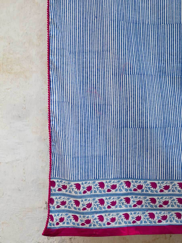 Indigo Stripes Block Printed Cotton Curtain - Pinklay
