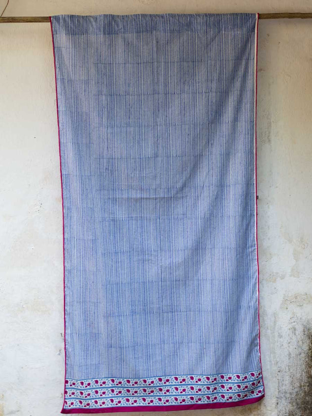 Indigo Stripes Block Printed Cotton Curtain - Pinklay