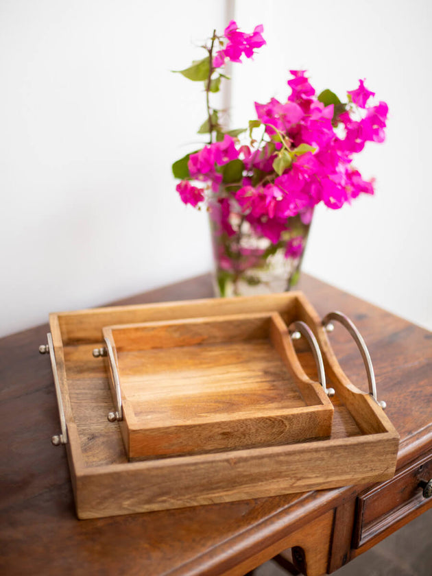 Set of 2 - Amber Solid Wood Square Tray - Pinklay