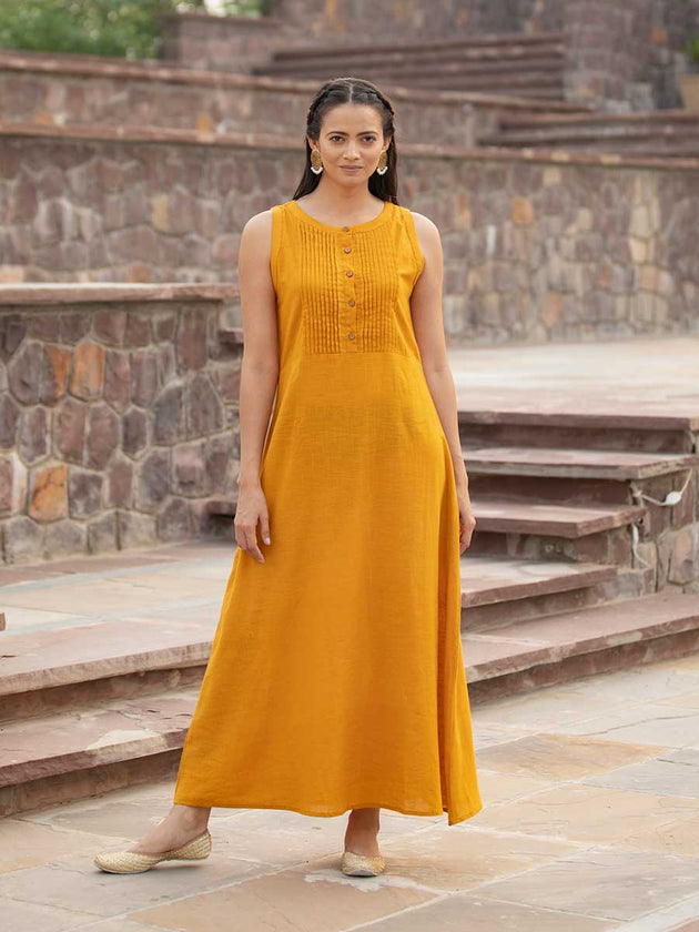 Mustard Yellow Sleeveless Cotton Pintuck Dress - Pinklay