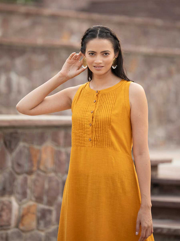 Mustard Yellow Sleeveless Cotton Pintuck Dress - Pinklay