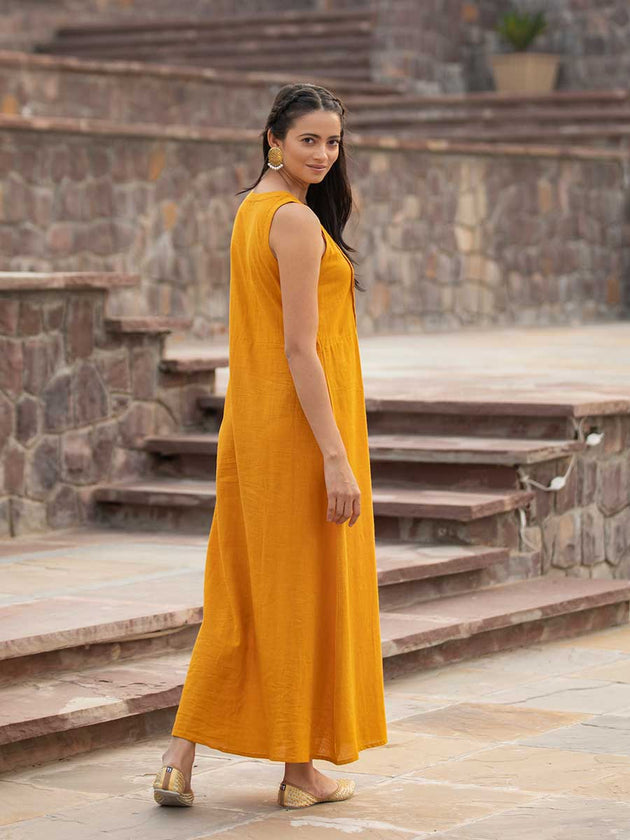 Mustard Yellow Sleeveless Cotton Pintuck Dress - Pinklay