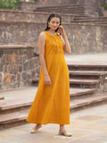 Mustard Yellow Sleeveless Cotton Pintuck Dress - Pinklay