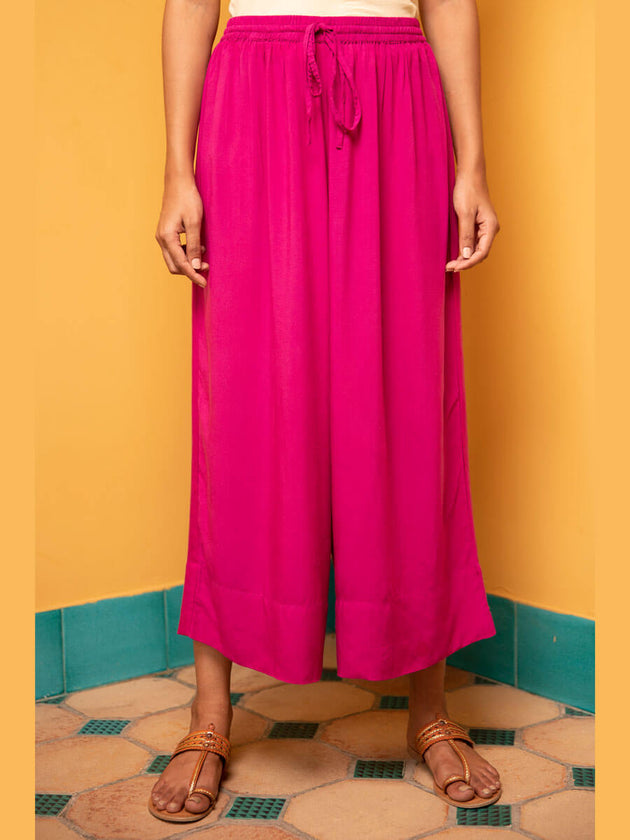 Solid Fuscia Pink Modal Silk Palazzo Pants - Pinklay