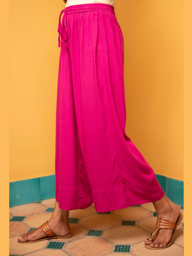Solid Fuscia Pink Modal Silk Palazzo Pants - Pinklay
