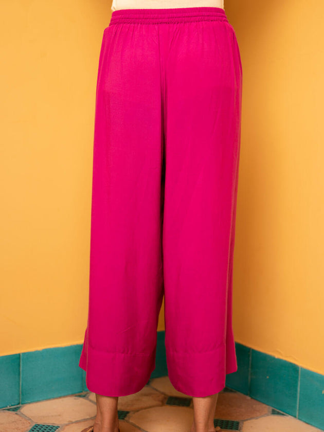Solid Fuscia Pink Modal Silk Palazzo Pants - Pinklay