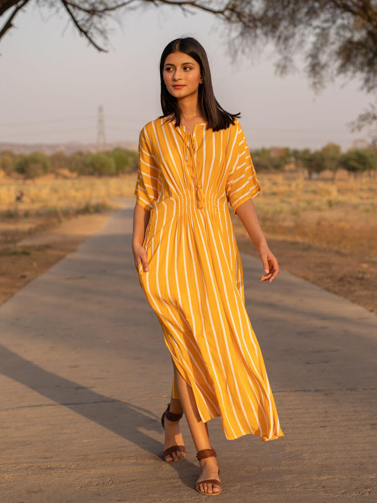 Printed Rayon Maxi Dress in Yellow : TVE1026
