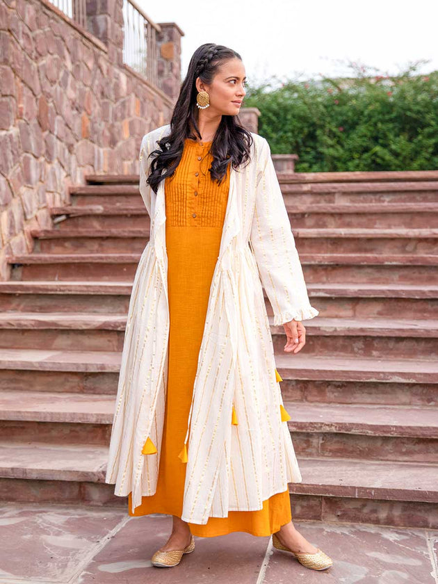 Mustard Yellow Sleeveless Cotton Pintuck Dress - Pinklay