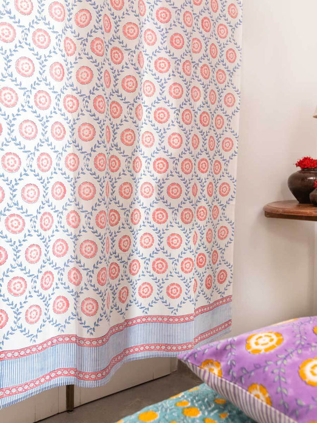 Primrose Hand Block Printed Cotton Curtain - Pinklay