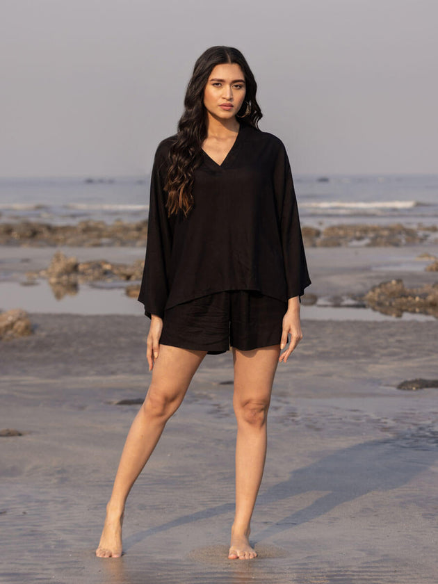 Solid Black Slub Shorts