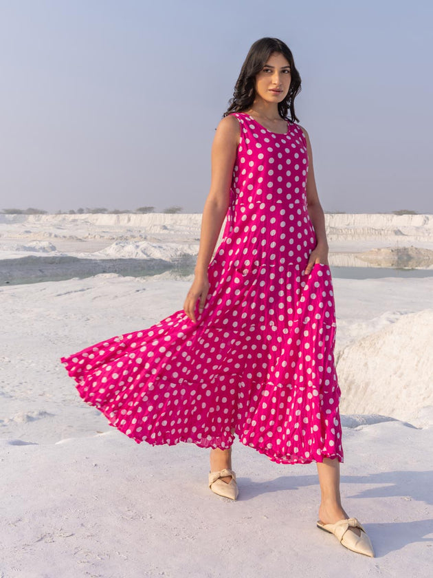 Rani Polka Sleeveless Printed Tiered Dress - Pinklay