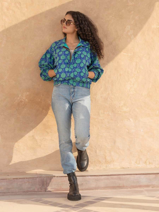 Sherpa Handblock Printed Bomber Jacket | Pinklay