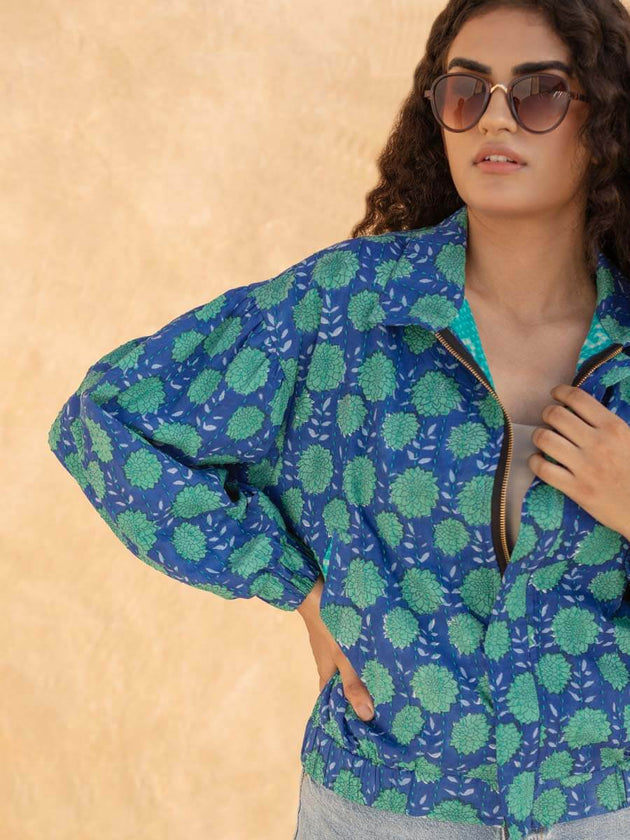 Sherpa Handblock Printed Bomber Jacket | Pinklay