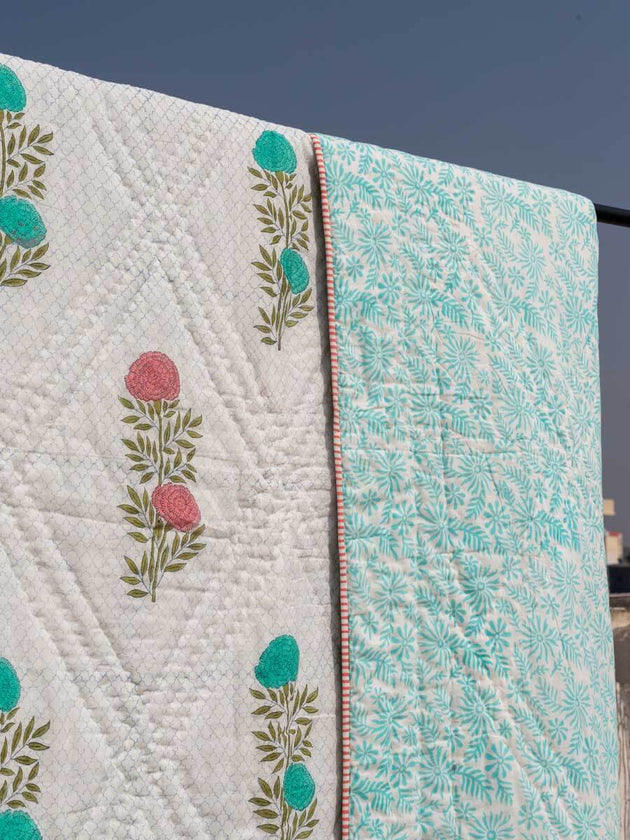 Spring Time Block Printed Cotton Quilt - Pinklay