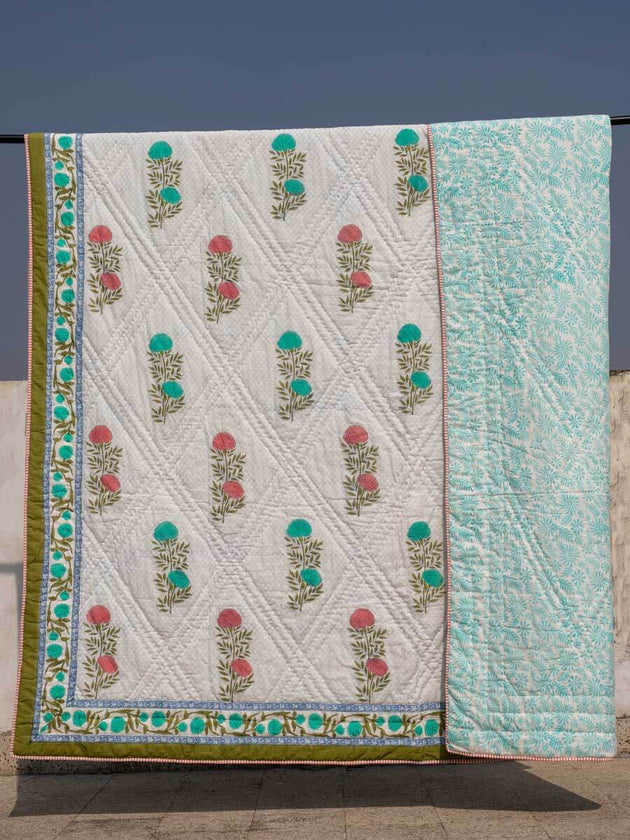 Spring Time Block Printed Cotton Quilt - Pinklay