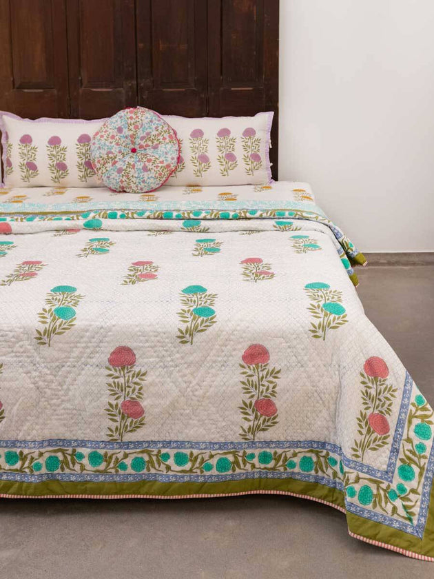 Spring Time Block Printed Cotton Quilt - Pinklay