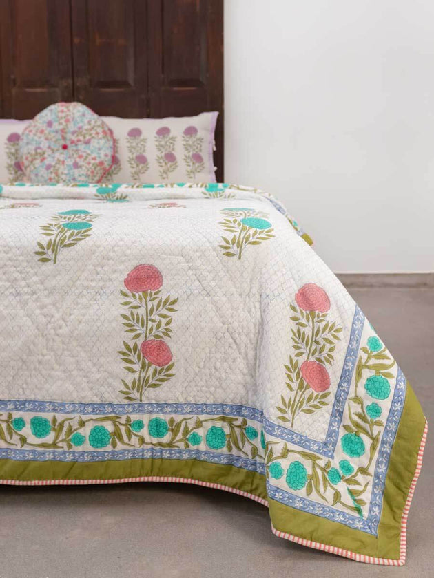 Spring Time Block Printed Cotton Quilt - Pinklay
