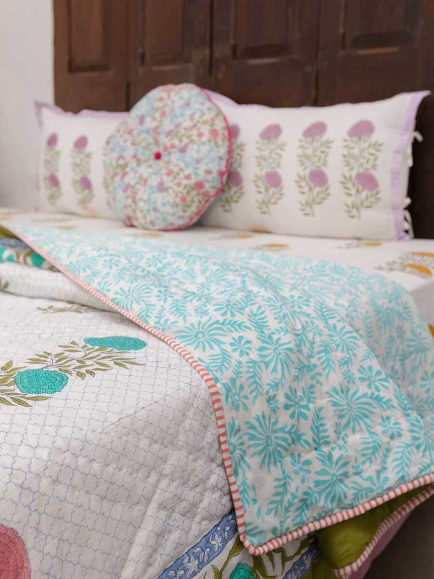 Spring Time Block Printed Cotton Quilt - Pinklay