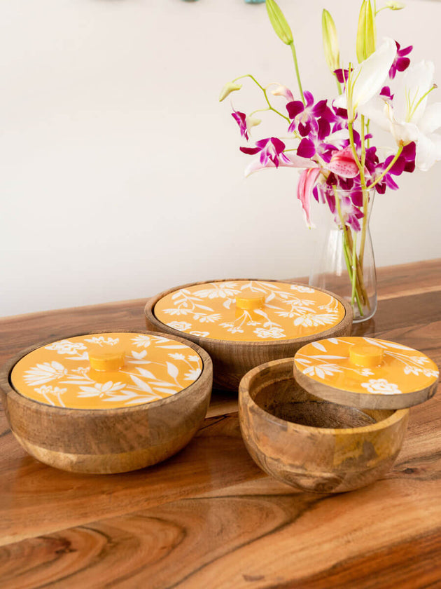 Set of 3 - Sunflower Fields Wooden Snack and Fruit Bowl - Pinklay