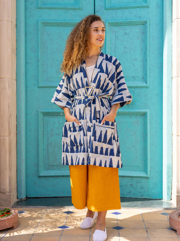 Set of 2 - Mimosa Indigo Dabu Kimono Jacket and Palazzo Pants