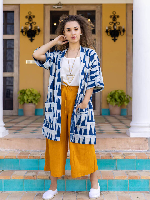 Set of 2 - Mimosa Indigo Dabu Kimono Jacket and Palazzo Pants