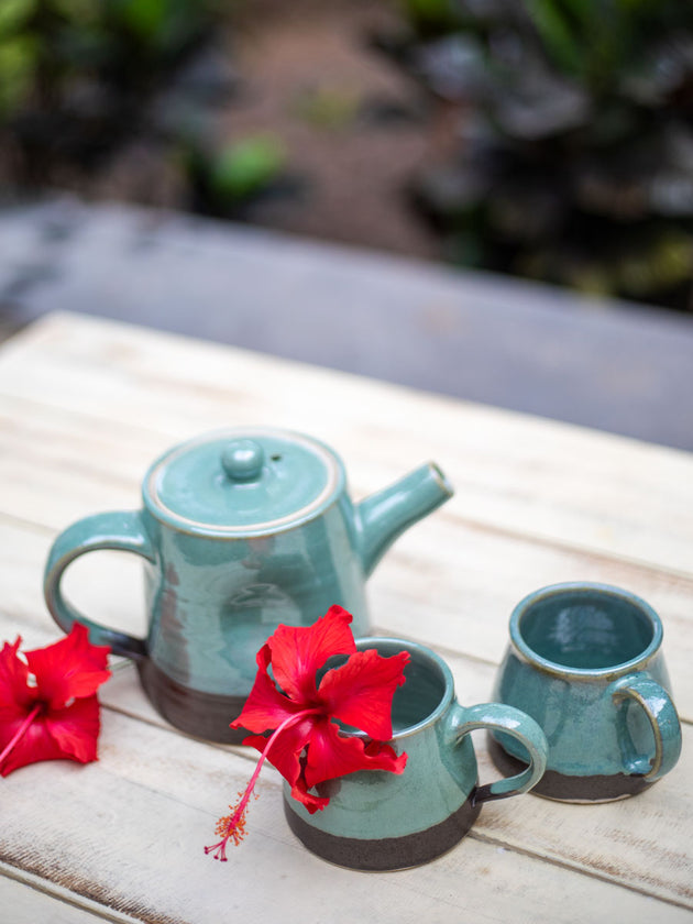 Turquoise Fall Hand-Thrown Dimpled Ceramic Tea Pot Set - Pinklay