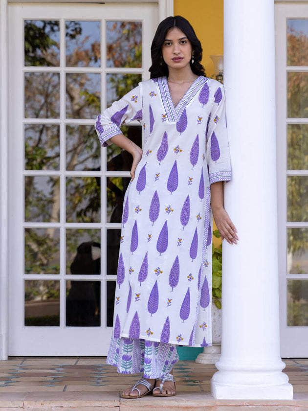 Purple Cypress Hand Block Printed Cotton Long Kurta - Pinklay