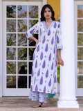 Purple Cypress Hand Block Printed Cotton Long Kurta - Pinklay