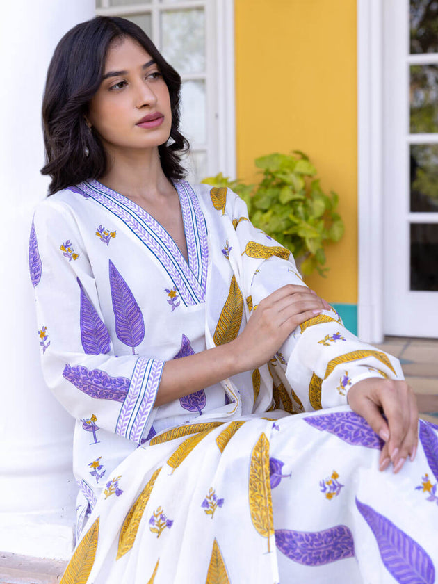 Purple Cypress Hand Block Printed Cotton Long Kurta - Pinklay