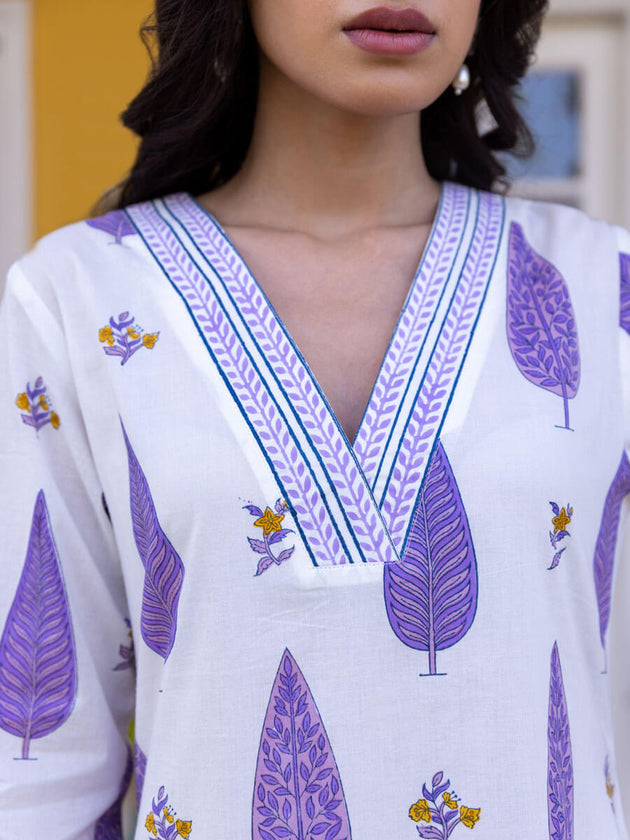 Purple Cypress Hand Block Printed Cotton Long Kurta - Pinklay
